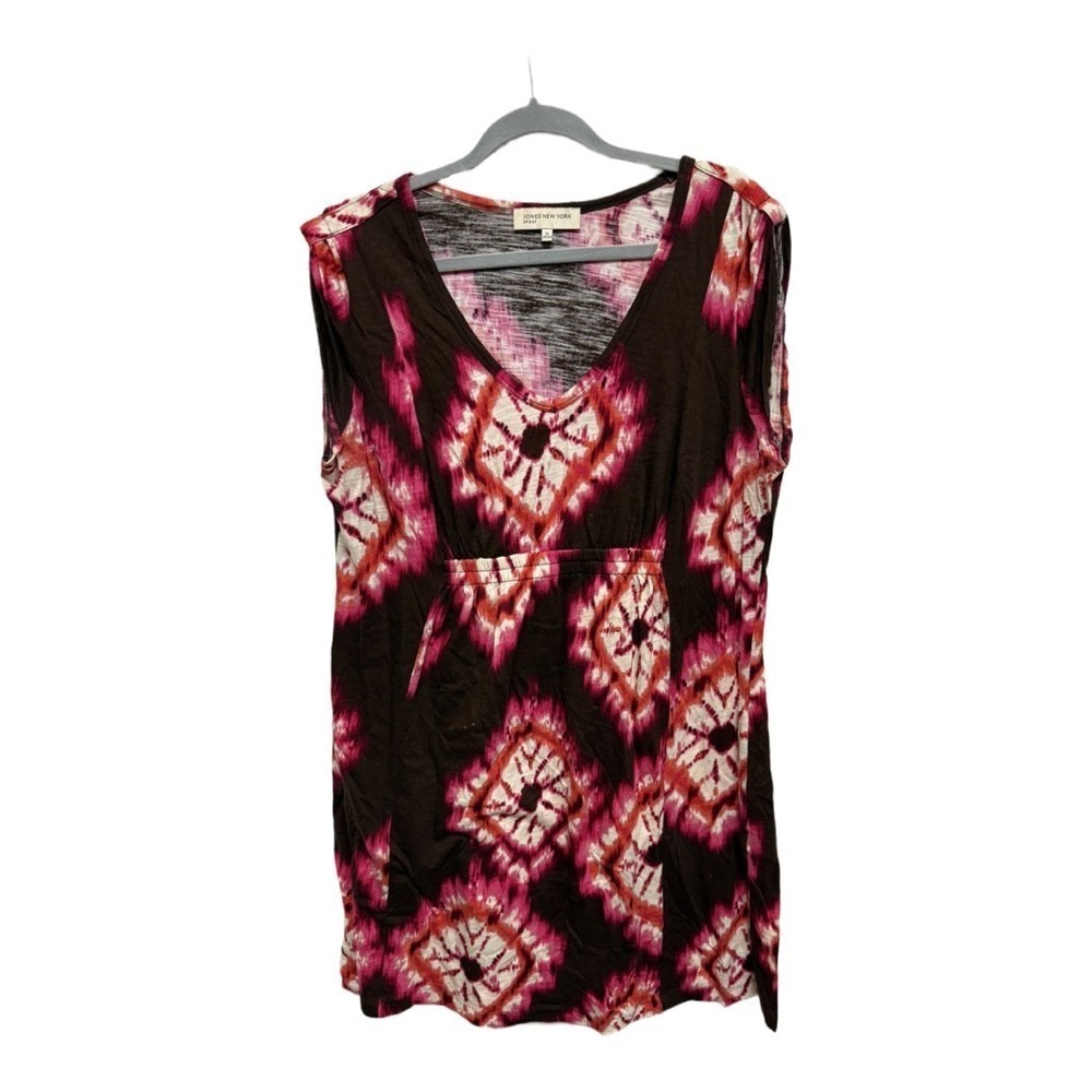 Jones New York Tie Dye Abstract Tunic Mini Dress Size XL Black Hot Pink Artsy